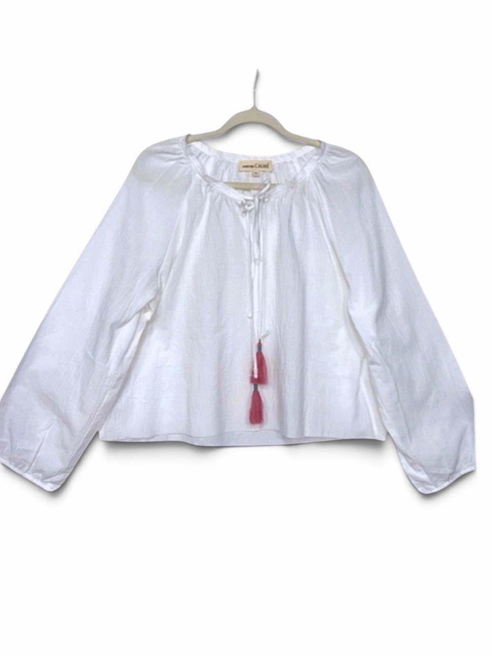 Johnny Was Calmé White Cotton Peasant Blouse Tassel Tie NWOT Raw Hem XL